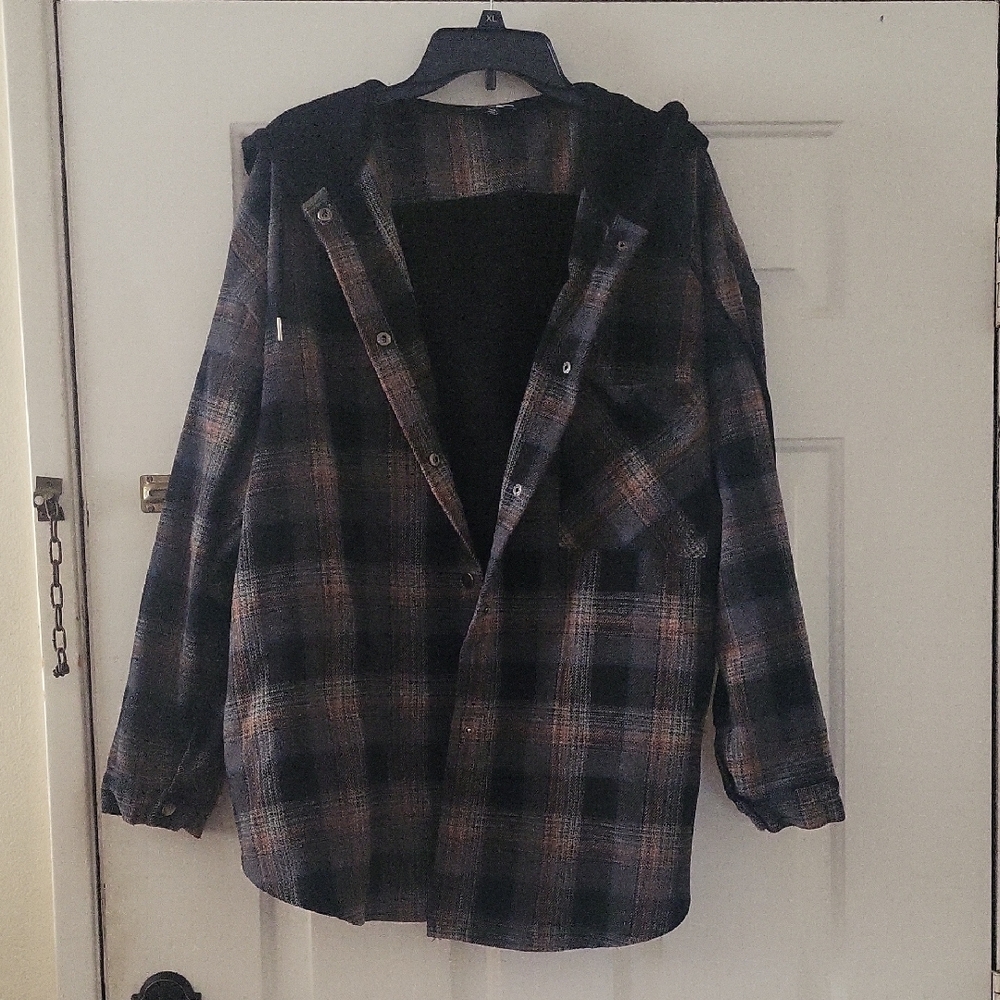 Fashion Nova Dark Plaid Hooded Shirt Jacket